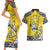 Personalised Happy Niue Constitution Day Couples Matching Short Sleeve Bodycon Dress and Hawaiian Shirt Niuean Crab Hiapo Pattern Yellow Version