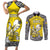 Personalised Happy Niue Constitution Day Couples Matching Short Sleeve Bodycon Dress and Long Sleeve Button Shirt Niuean Crab Hiapo Pattern Yellow Version