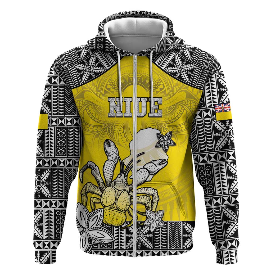 Personalised Happy Niue Constitution Day Hoodie Niuean Crab Hiapo Pattern Yellow Version LT05 Zip Hoodie Yellow - Polynesian Pride
