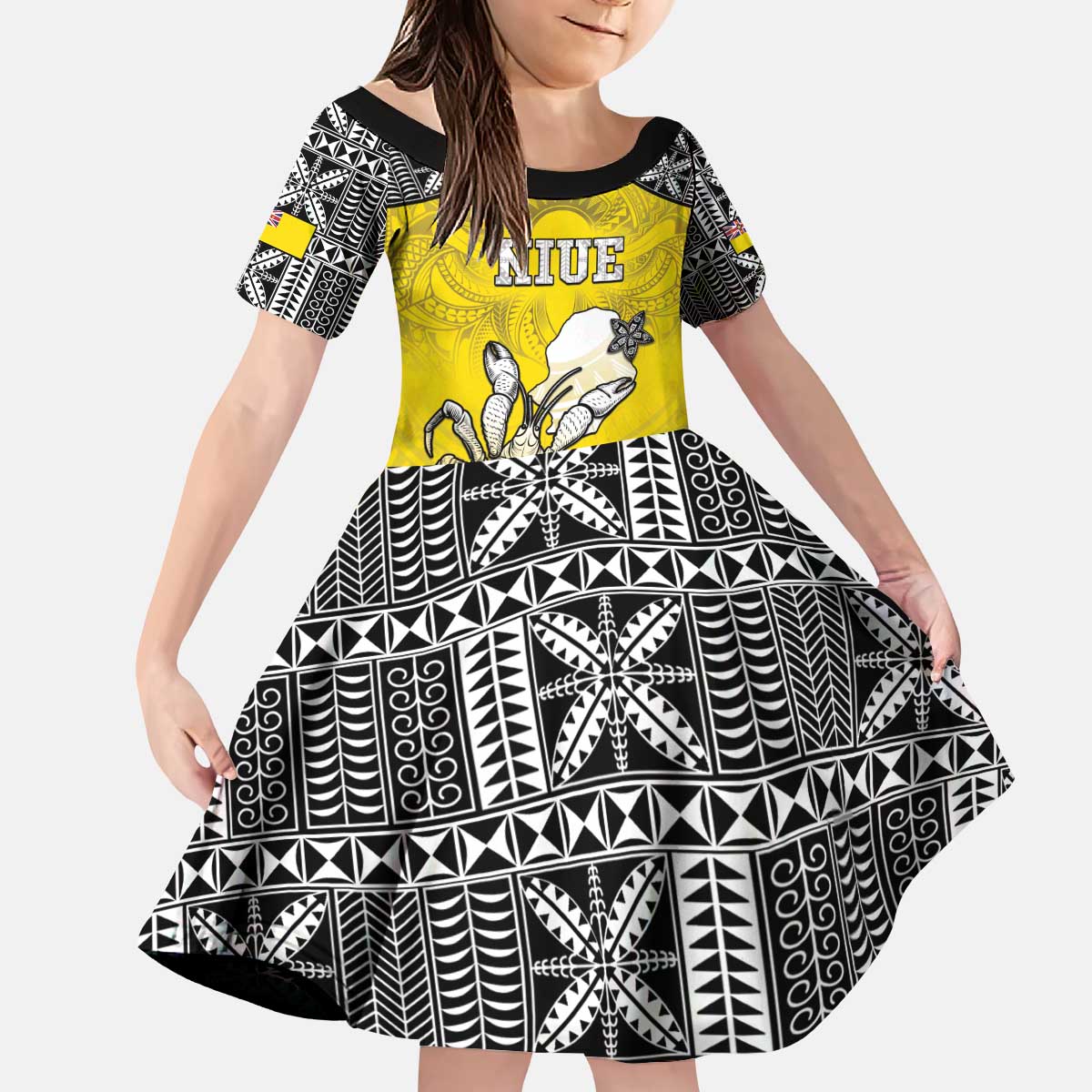 Personalised Happy Niue Constitution Day Kid Short Sleeve Dress Niuean Crab Hiapo Pattern Yellow Version LT05 KID Yellow - Polynesian Pride