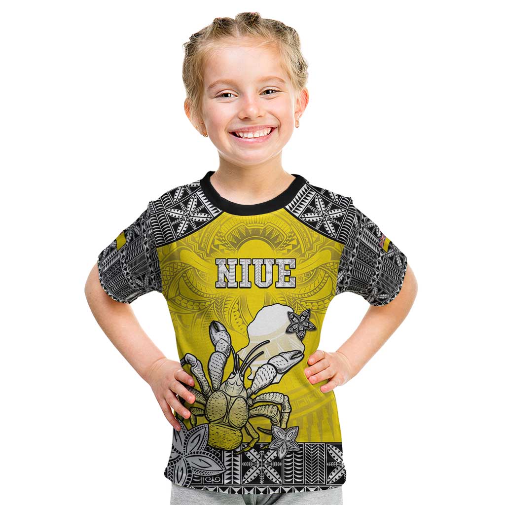 Personalised Happy Niue Constitution Day Kid T Shirt Niuean Crab Hiapo Pattern Yellow Version