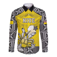 Personalised Happy Niue Constitution Day Long Sleeve Button Shirt Niuean Crab Hiapo Pattern Yellow Version LT05 Unisex Yellow - Polynesian Pride