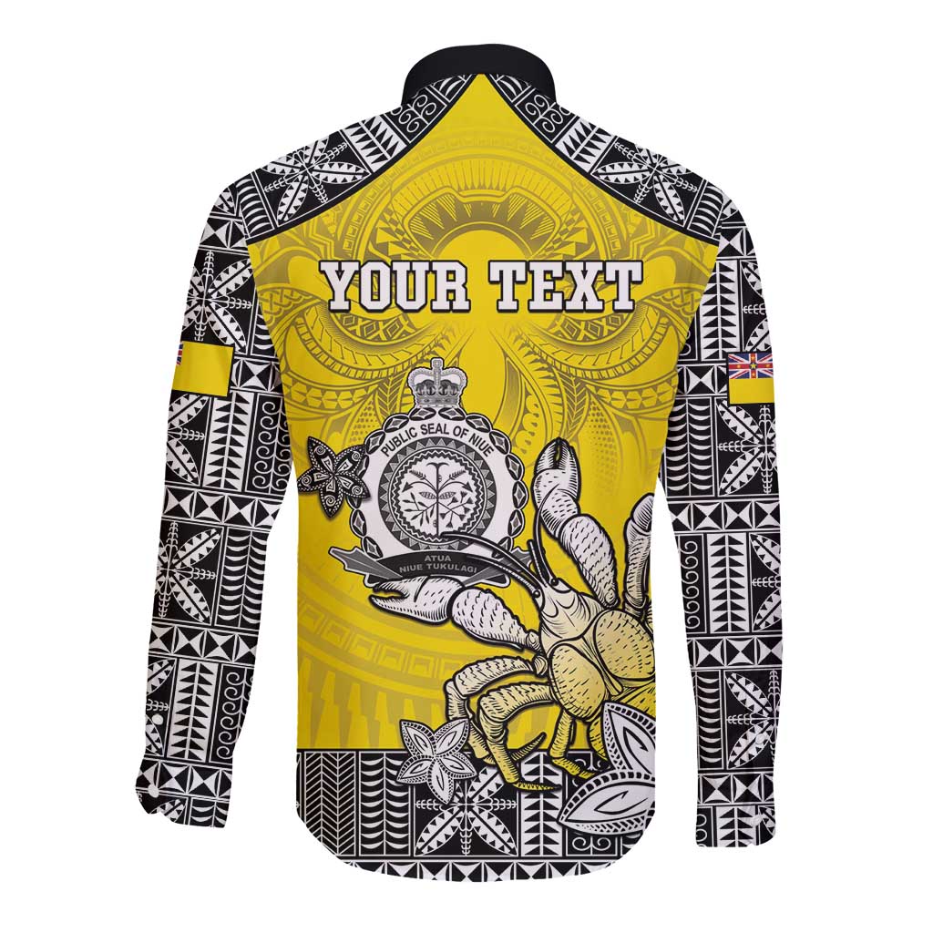 Personalised Happy Niue Constitution Day Long Sleeve Button Shirt Niuean Crab Hiapo Pattern Yellow Version LT05 - Polynesian Pride