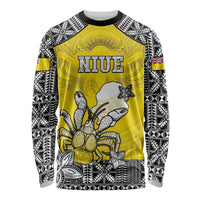 Personalised Happy Niue Constitution Day Long Sleeve Shirt Niuean Crab Hiapo Pattern Yellow Version LT05 Unisex Yellow - Polynesian Pride