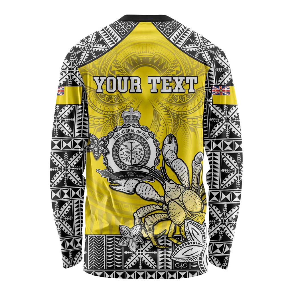 Personalised Happy Niue Constitution Day Long Sleeve Shirt Niuean Crab Hiapo Pattern Yellow Version LT05 - Polynesian Pride