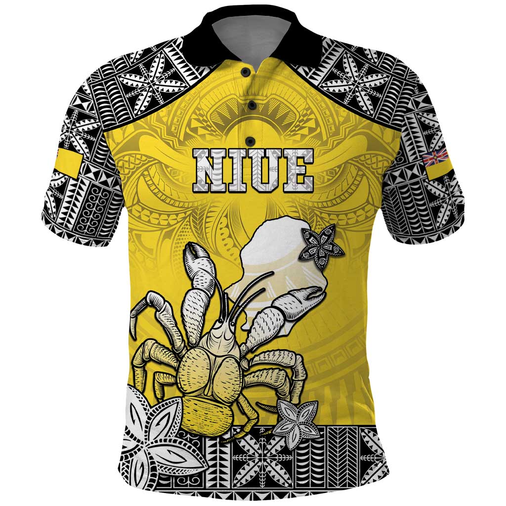 Personalised Happy Niue Constitution Day Polo Shirt Niuean Crab Hiapo Pattern Yellow Version LT05 Yellow - Polynesian Pride