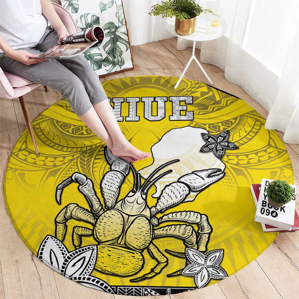 Happy Niue Constitution Day Round Carpet Niuean Crab Hiapo Pattern Yellow Version LT05 - Polynesian Pride