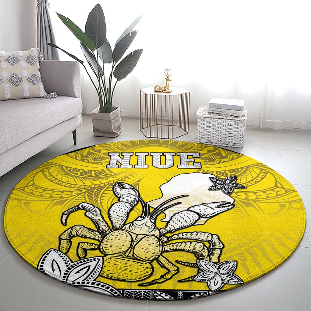 Happy Niue Constitution Day Round Carpet Niuean Crab Hiapo Pattern Yellow Version LT05 - Polynesian Pride