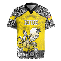 Personalised Happy Niue Constitution Day Rugby Jersey Niuean Crab Hiapo Pattern Yellow Version LT05 Yellow - Polynesian Pride