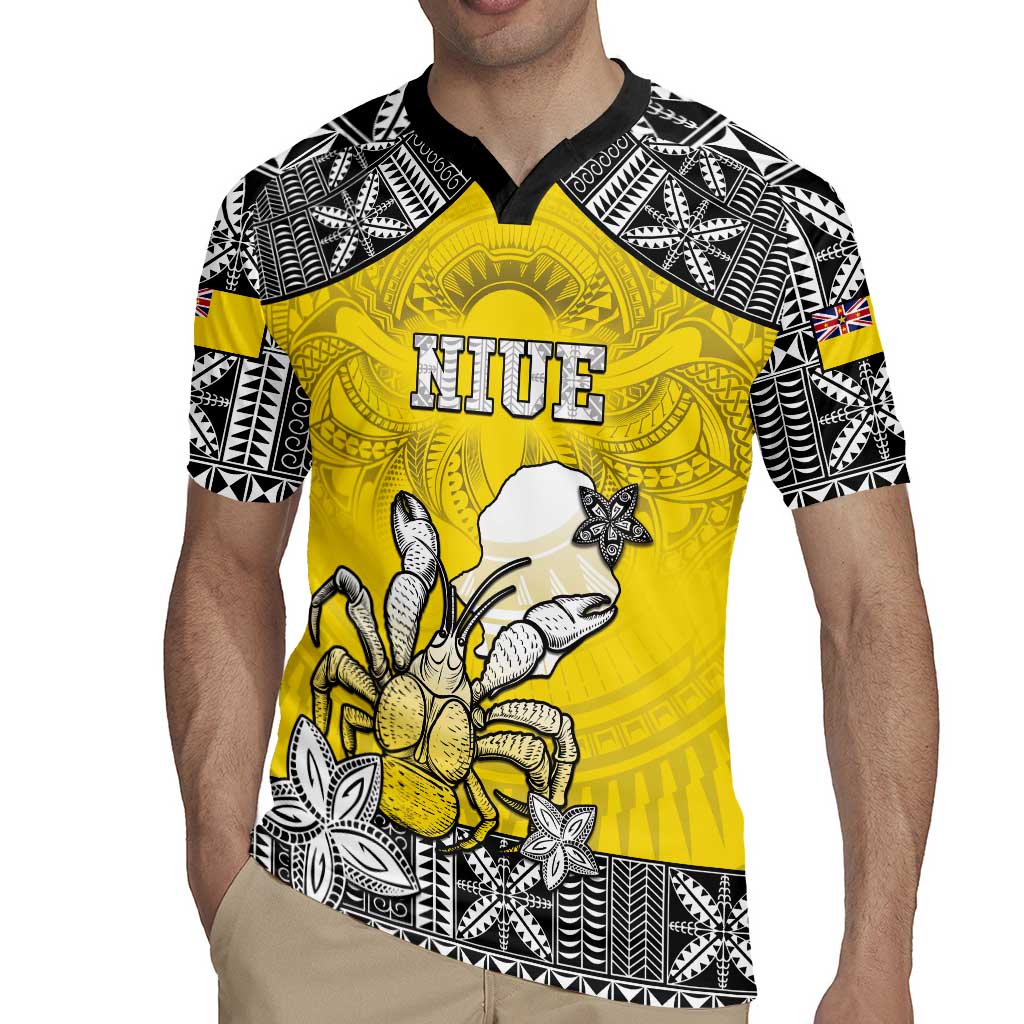 Personalised Happy Niue Constitution Day Rugby Jersey Niuean Crab Hiapo Pattern Yellow Version LT05 - Polynesian Pride