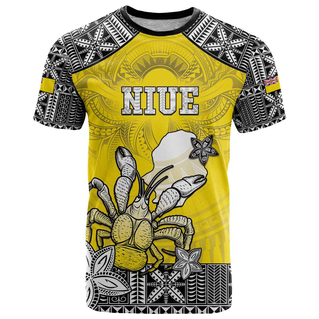 Personalised Happy Niue Constitution Day T Shirt Niuean Crab Hiapo Pattern Yellow Version