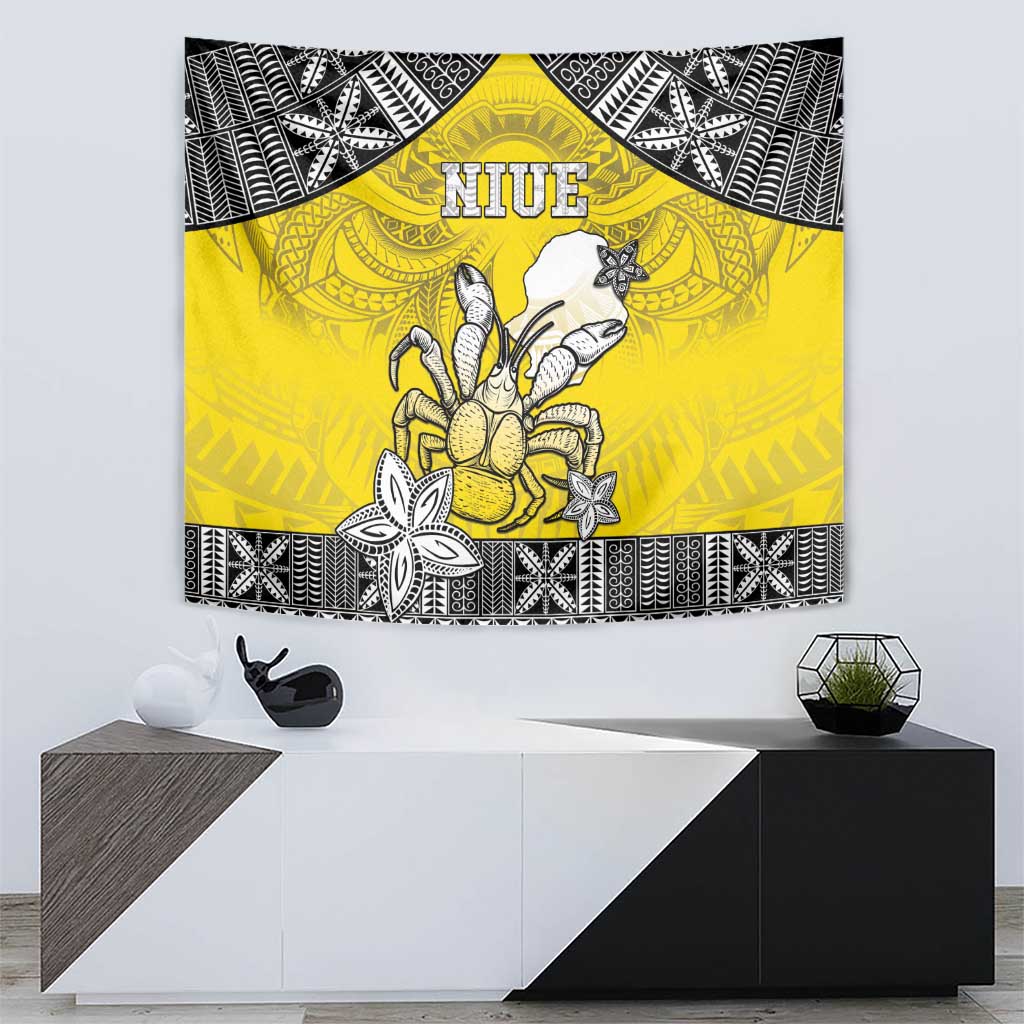 Happy Niue Constitution Day Tapestry Niuean Crab Hiapo Pattern Yellow Version LT05 - Polynesian Pride