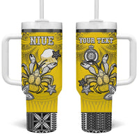 Personalised Happy Niue Constitution Day Tumbler With Handle Niuean Crab Hiapo Pattern Yellow Version LT05 One Size: 40 oz Yellow - Polynesian Pride