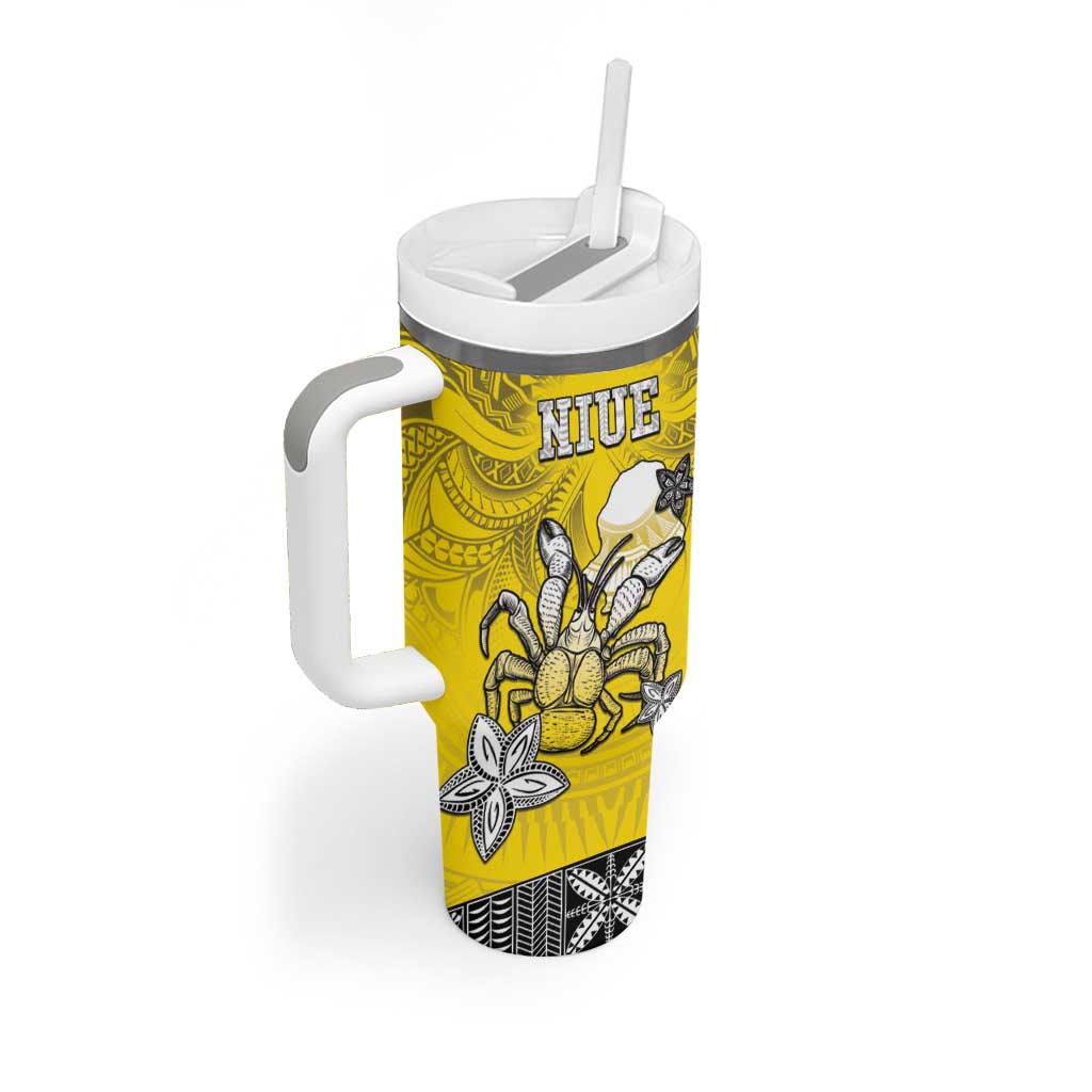 Personalised Happy Niue Constitution Day Tumbler With Handle Niuean Crab Hiapo Pattern Yellow Version LT05 - Polynesian Pride