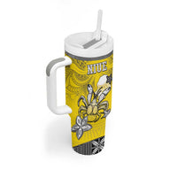 Personalised Happy Niue Constitution Day Tumbler With Handle Niuean Crab Hiapo Pattern Yellow Version LT05 - Polynesian Pride