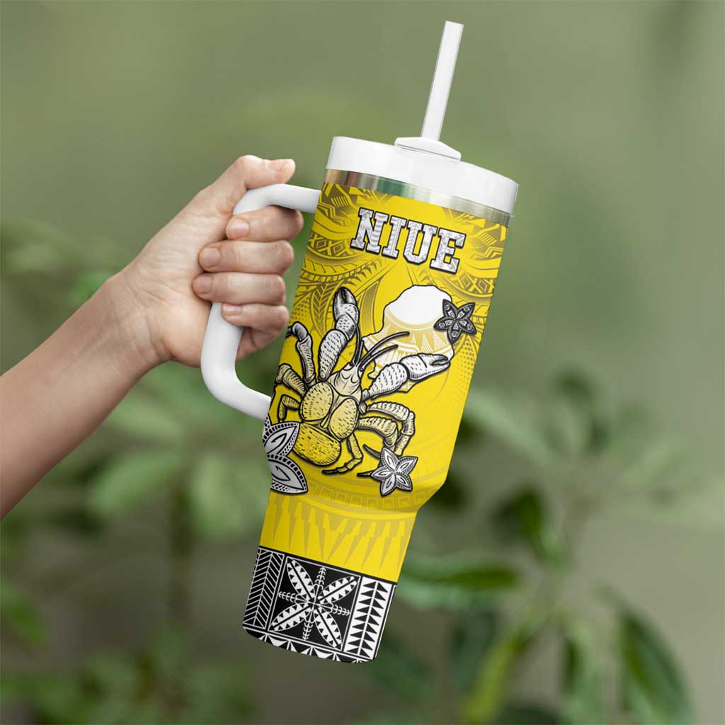 Personalised Happy Niue Constitution Day Tumbler With Handle Niuean Crab Hiapo Pattern Yellow Version LT05 - Polynesian Pride