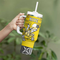 Personalised Happy Niue Constitution Day Tumbler With Handle Niuean Crab Hiapo Pattern Yellow Version LT05 - Polynesian Pride