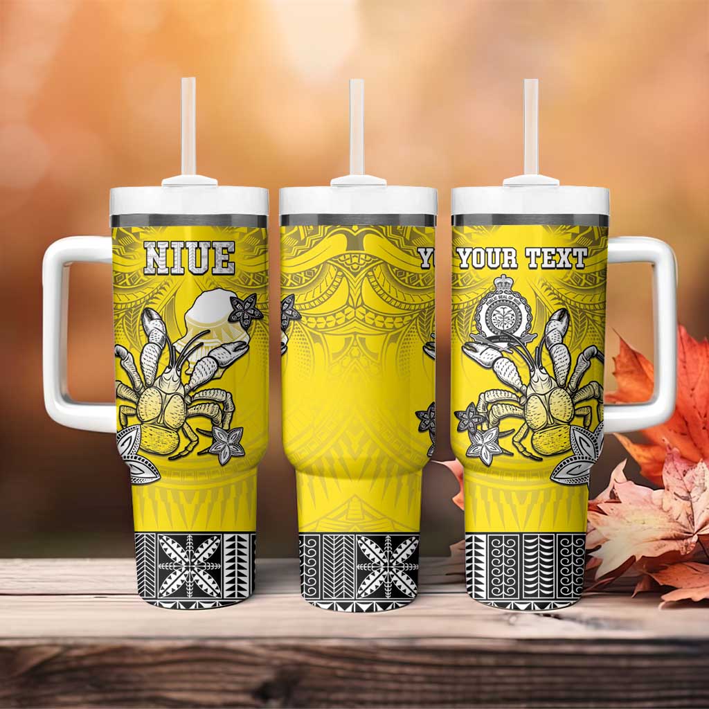 Personalised Happy Niue Constitution Day Tumbler With Handle Niuean Crab Hiapo Pattern Yellow Version LT05 - Polynesian Pride