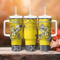 Personalised Happy Niue Constitution Day Tumbler With Handle Niuean Crab Hiapo Pattern Yellow Version LT05 - Polynesian Pride