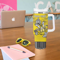 Personalised Happy Niue Constitution Day Tumbler With Handle Niuean Crab Hiapo Pattern Yellow Version LT05 - Polynesian Pride