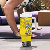 Personalised Happy Niue Constitution Day Tumbler With Handle Niuean Crab Hiapo Pattern Yellow Version LT05 - Polynesian Pride