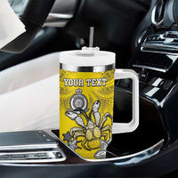 Personalised Happy Niue Constitution Day Tumbler With Handle Niuean Crab Hiapo Pattern Yellow Version LT05 - Polynesian Pride