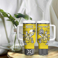 Personalised Happy Niue Constitution Day Tumbler With Handle Niuean Crab Hiapo Pattern Yellow Version LT05 - Polynesian Pride