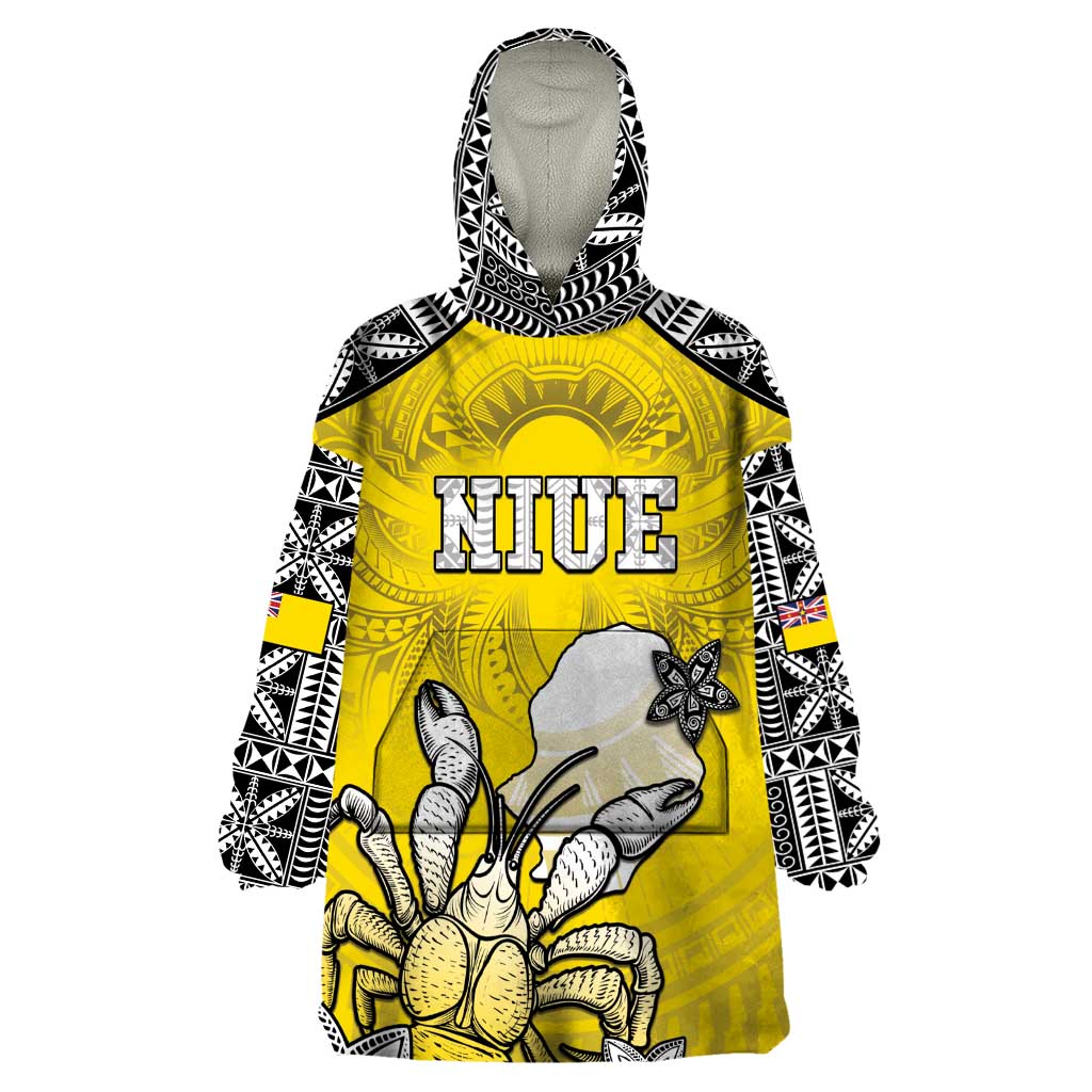 Personalised Happy Niue Constitution Day Wearable Blanket Hoodie Niuean Crab Hiapo Pattern Yellow Version LT05 One Size Yellow - Polynesian Pride