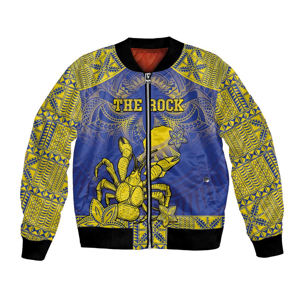 Personalised Niue The Rock Bomber Jacket Niuean Crab Hiapo Pattern Blue Version LT05 Unisex Blue - Polynesian Pride