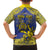 Personalised Niue The Rock Family Matching Off The Shoulder Long Sleeve Dress and Hawaiian Shirt Niuean Crab Hiapo Pattern Blue Version