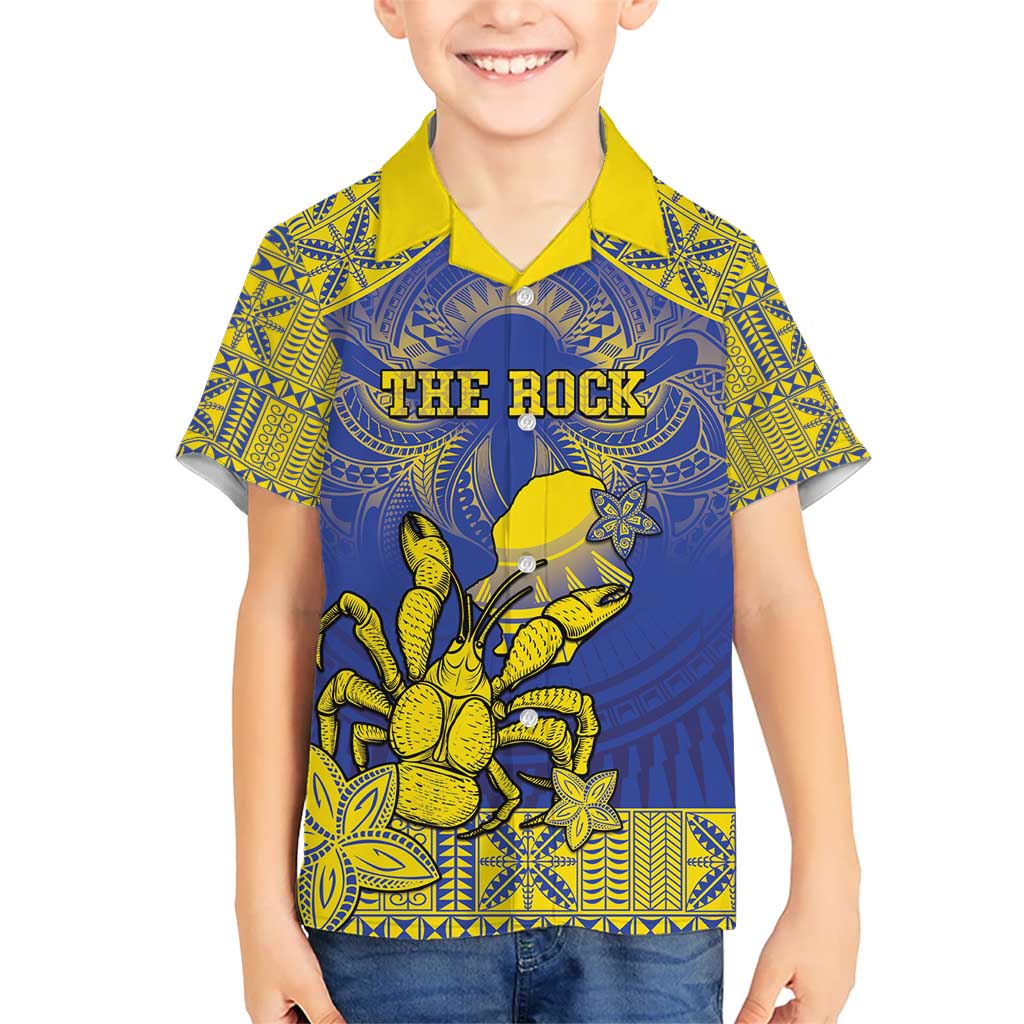 Personalised Niue The Rock Kid Hawaiian Shirt Niuean Crab Hiapo Pattern Blue Version LT05 Kid Blue - Polynesian Pride