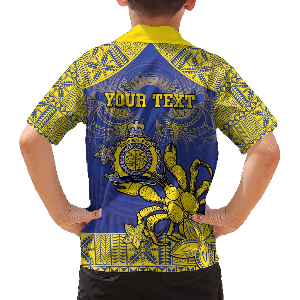 Personalised Niue The Rock Kid Hawaiian Shirt Niuean Crab Hiapo Pattern Blue Version LT05 - Polynesian Pride