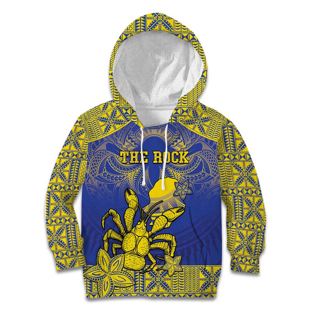 Personalised Niue The Rock Kid Hoodie Niuean Crab Hiapo Pattern Blue Version LT05 Hoodie Blue - Polynesian Pride