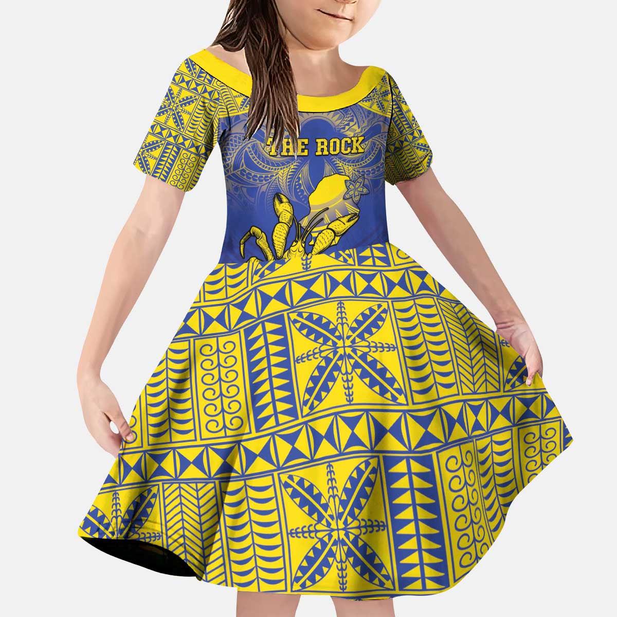 Personalised Niue The Rock Kid Short Sleeve Dress Niuean Crab Hiapo Pattern Blue Version LT05 KID Blue - Polynesian Pride