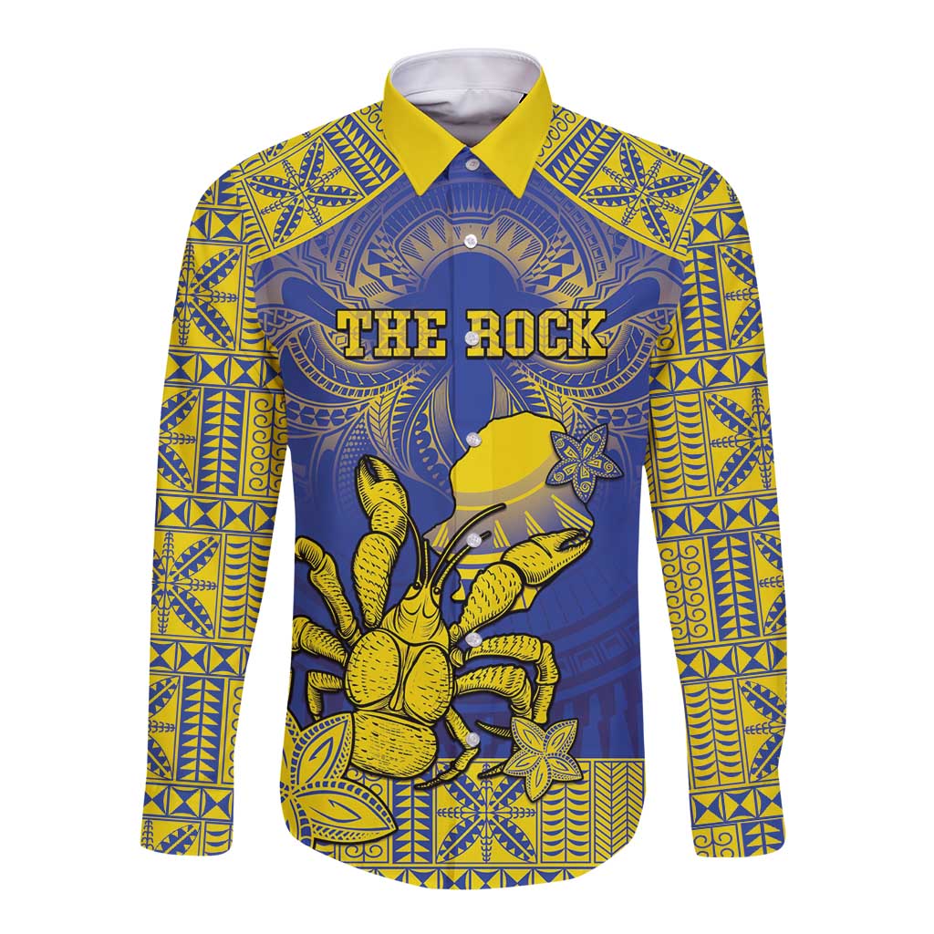Personalised Niue The Rock Long Sleeve Button Shirt Niuean Crab Hiapo Pattern Blue Version LT05 Unisex Blue - Polynesian Pride