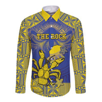 Personalised Niue The Rock Long Sleeve Button Shirt Niuean Crab Hiapo Pattern Blue Version LT05 Unisex Blue - Polynesian Pride