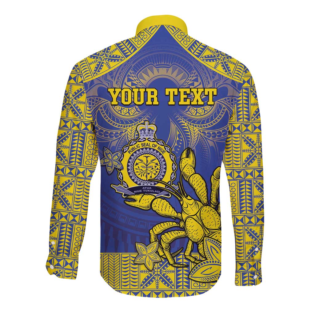Personalised Niue The Rock Long Sleeve Button Shirt Niuean Crab Hiapo Pattern Blue Version LT05 - Polynesian Pride