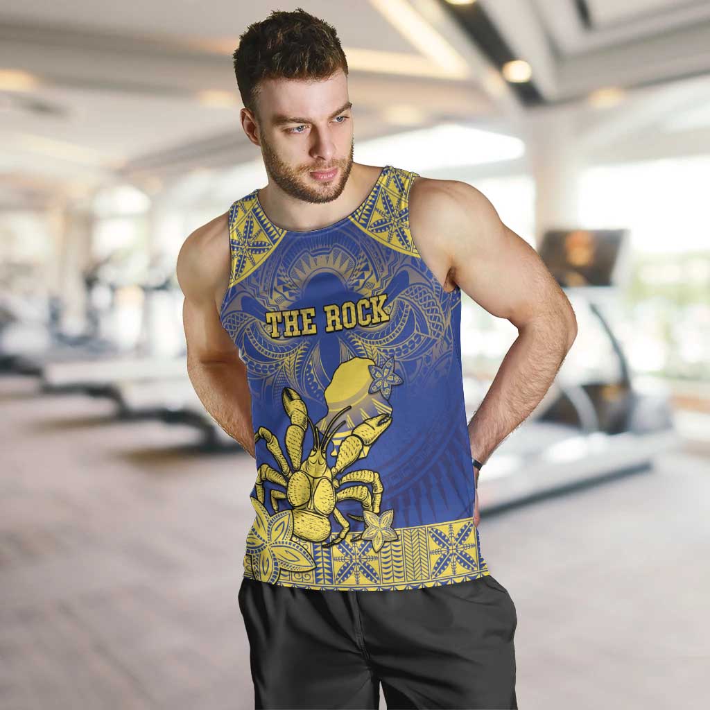 Personalised Niue The Rock Men Tank Top Niuean Crab Hiapo Pattern Blue Version LT05 Blue - Polynesian Pride