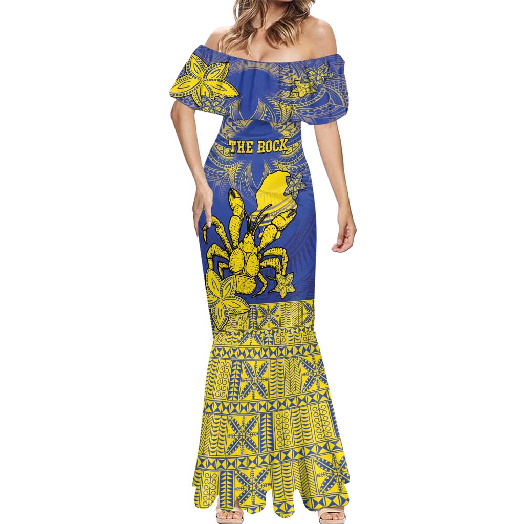 Personalised Niue The Rock Mermaid Dress Niuean Crab Hiapo Pattern Blue Version LT05 - Polynesian Pride