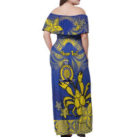 Personalised Niue The Rock Off Shoulder Maxi Dress Niuean Crab Hiapo Pattern Blue Version LT05 - Polynesian Pride