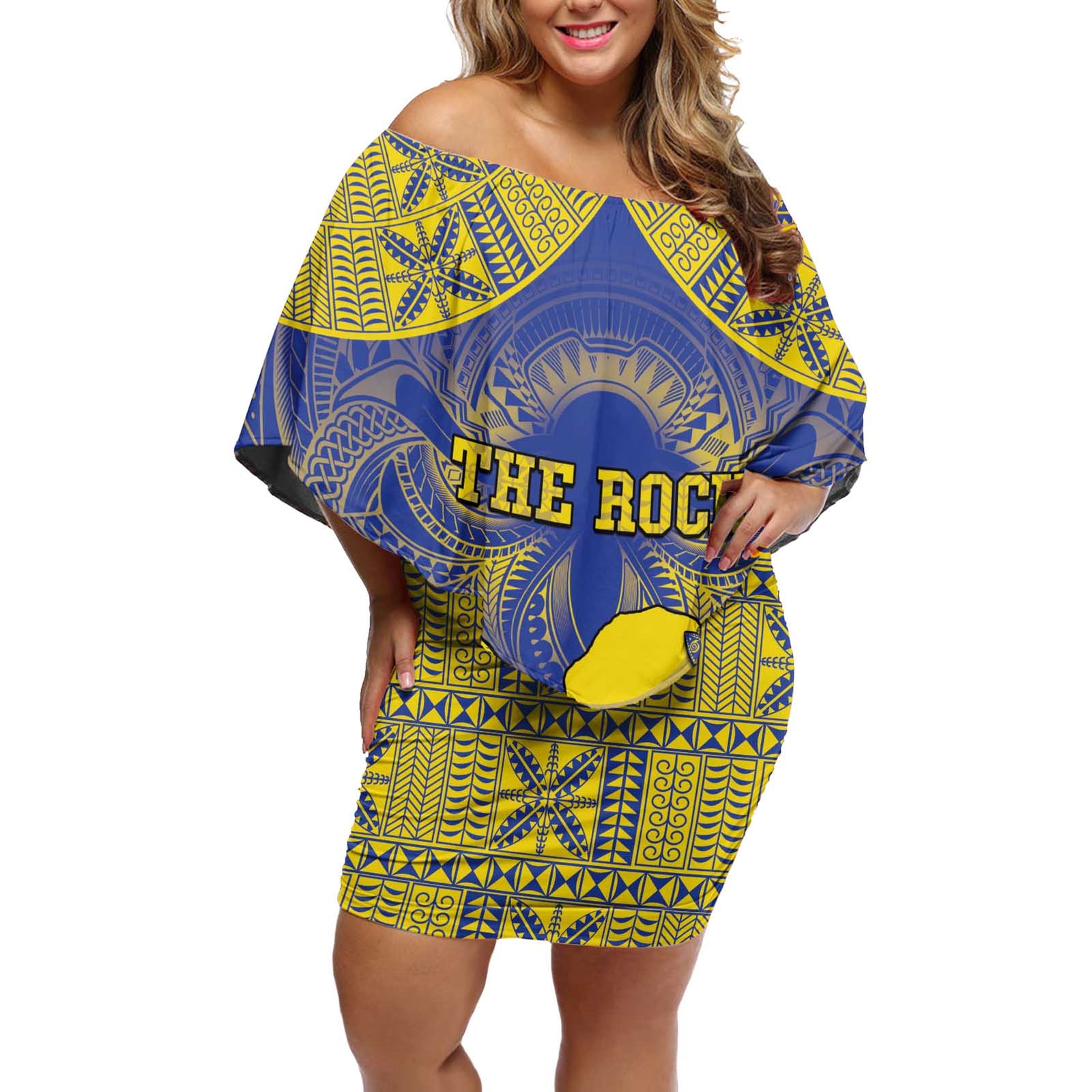 Personalised Niue The Rock Off Shoulder Short Dress Niuean Crab Hiapo Pattern Blue Version LT05 Women Blue - Polynesian Pride