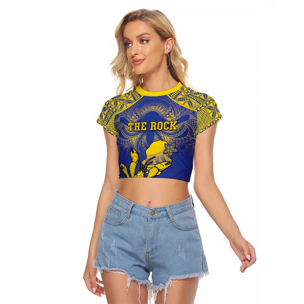 Personalised Niue The Rock Raglan Cropped T Shirt Niuean Crab Hiapo Pattern Blue Version LT05 Female Blue - Polynesian Pride