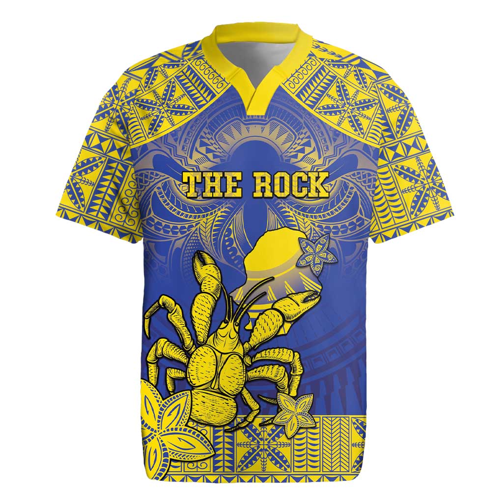 Personalised Niue The Rock Rugby Jersey Niuean Crab Hiapo Pattern Blue Version LT05 Blue - Polynesian Pride