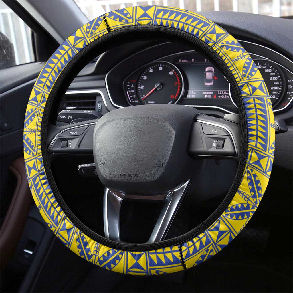 Niue The Rock Steering Wheel Cover Niuean Crab Hiapo Pattern Blue Version LT05 - Polynesian Pride