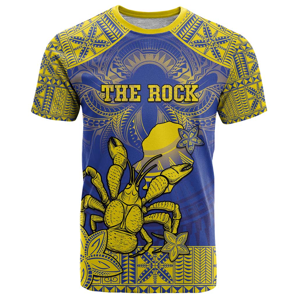 Personalised Niue The Rock T Shirt Niuean Crab Hiapo Pattern Blue Version LT05 Blue - Polynesian Pride