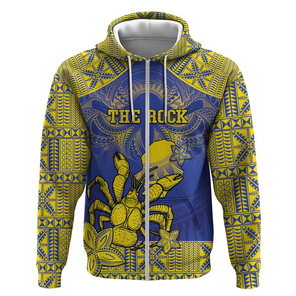 Personalised Niue The Rock Zip Hoodie Niuean Crab Hiapo Pattern Blue Version LT05 Zip Hoodie Blue - Polynesian Pride