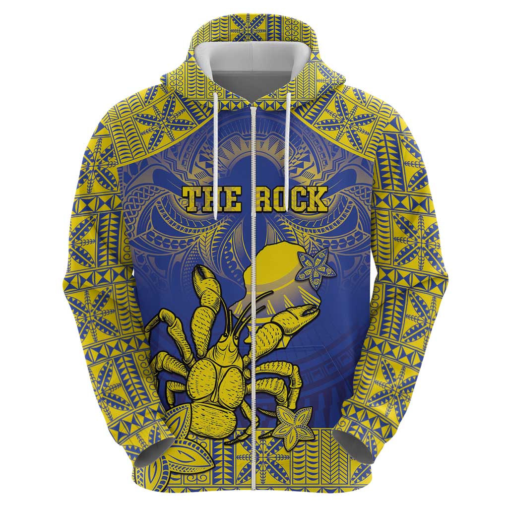 Personalised Niue The Rock Zip Hoodie Niuean Crab Hiapo Pattern Blue Version LT05 - Polynesian Pride