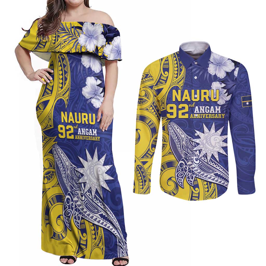 Personalised Nauru 92nd Anniversary Of Angam Couples Matching Off Shoulder Maxi Dress and Long Sleeve Button Shirt Polynesian Whale Pattern LT05 Blue - Polynesian Pride
