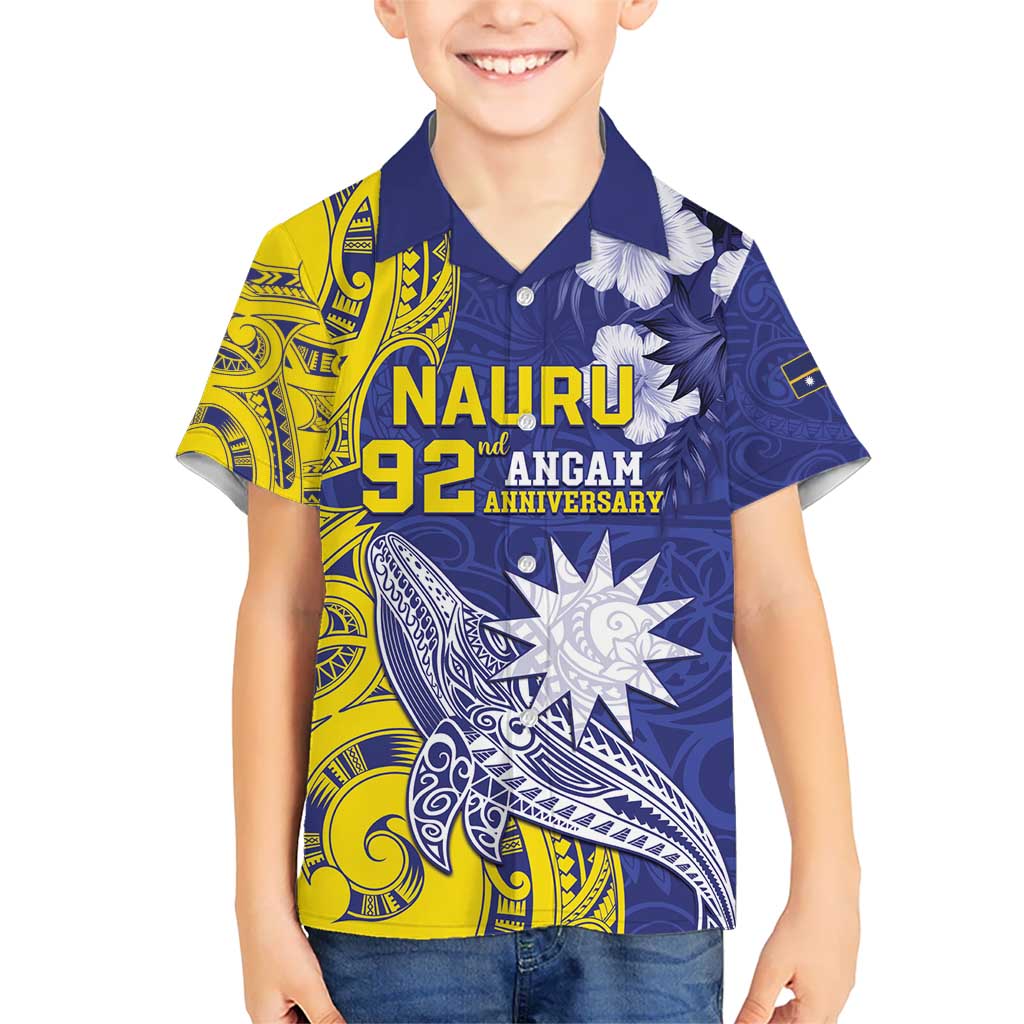 Personalised Nauru 92nd Anniversary Of Angam Kid Hawaiian Shirt Polynesian Whale Pattern LT05 Kid Blue - Polynesian Pride