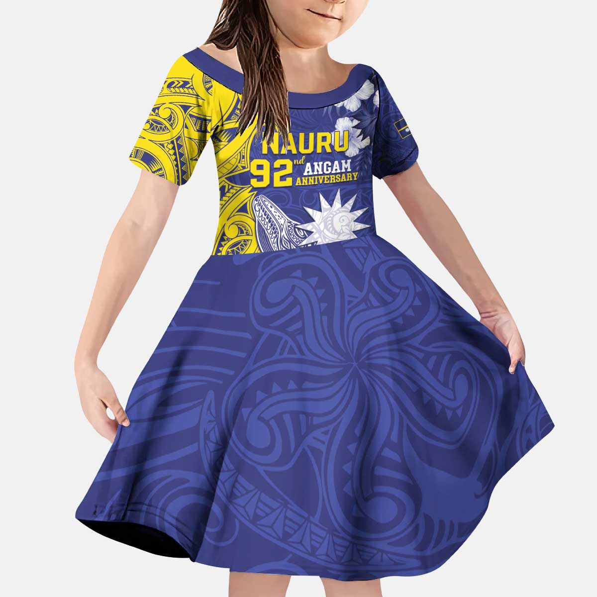 Personalised Nauru 92nd Anniversary Of Angam Kid Short Sleeve Dress Polynesian Whale Pattern LT05 KID Blue - Polynesian Pride